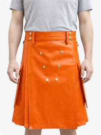 Handcrafted Orange Leather Utility Kilt with Front Button Rivets