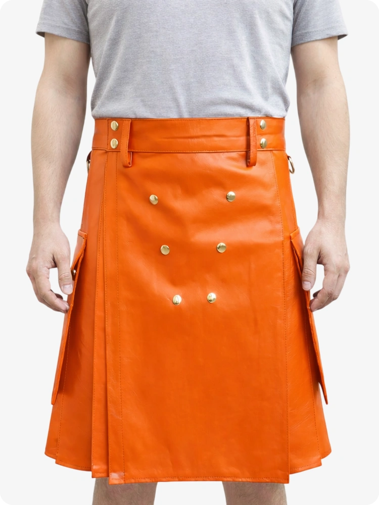 Handcrafted Orange Leather Utility Kilt with Front Button Rivets