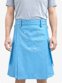 Handcrafted Sky Blue Leather Utility Kilt with Front Button Rivets