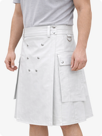 Handcrafted White Leather Utility Kilt with Front Button Rivets