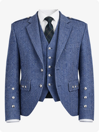Blue tweed suit with a tie on a white background