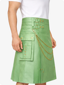 Light Green Leather Utility Kilt with Chain Detailing & Adjustable Straps