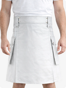 Light Grey Genuine Leather Utility Kilt with Cargo Pockets & D-Rings