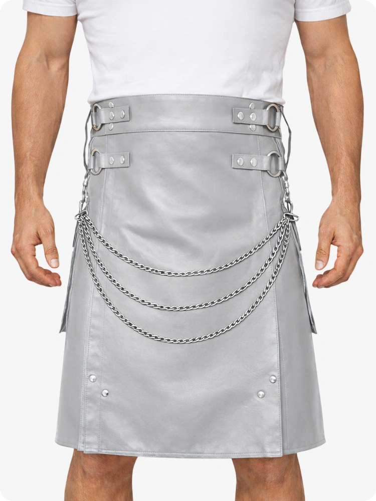Light Grey Leather Utility Kilt with Chain Detailing & Adjustable Straps