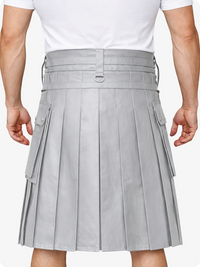 Light Grey Leather Utility Kilt with Chain Detailing & Adjustable Straps