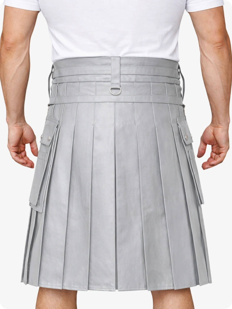 Light Grey Leather Utility Kilt with Chain Detailing & Adjustable Straps