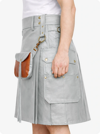 Person wearing a light gray Leather kilt with leather pocket on a white background