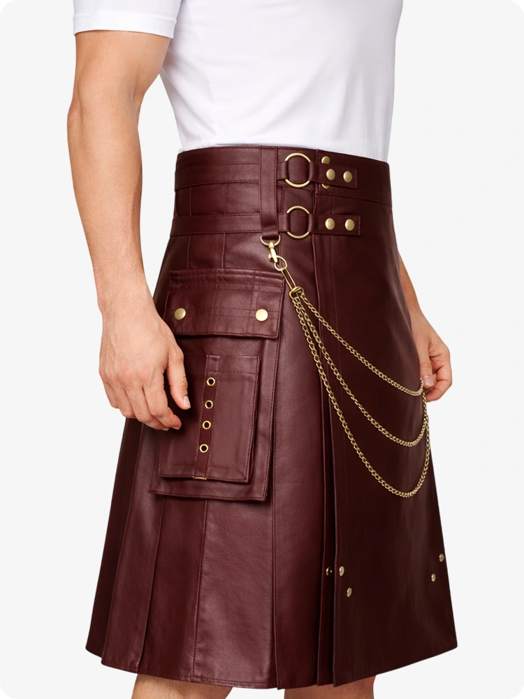 Maroon Leather Utility Kilt with Chain Detailing & Adjustable Straps