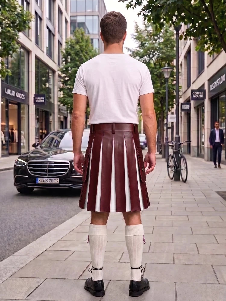 Maroon With White Cowhide Leather Hybrid Utility Kilt