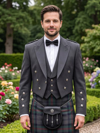 Grey Prince Charlie Kilt Jacket with Satin Lapels & Silver Square Buttons