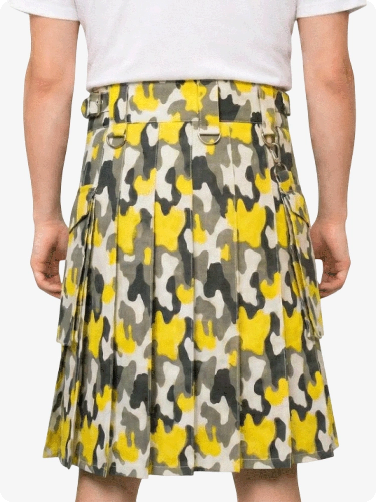 Person wearing a yellow and gray patterned skirt on a white background