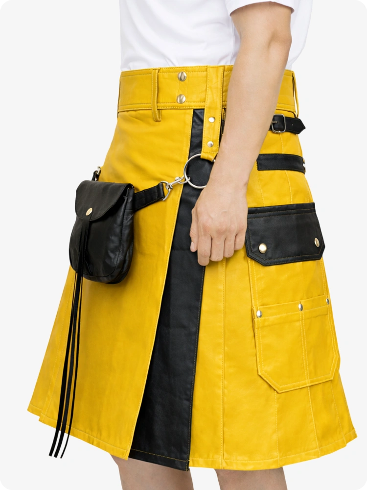 Mustard Yellow Leather Utility Kilt with Black Accents & Detachable Pockets