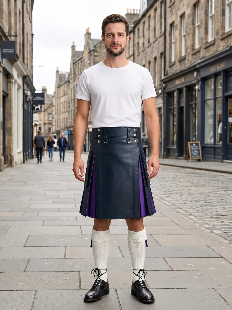 Navey Blue Leather Kilt With Purple Pleats