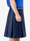 Navy pleated skirt with decorative buttons on a white background