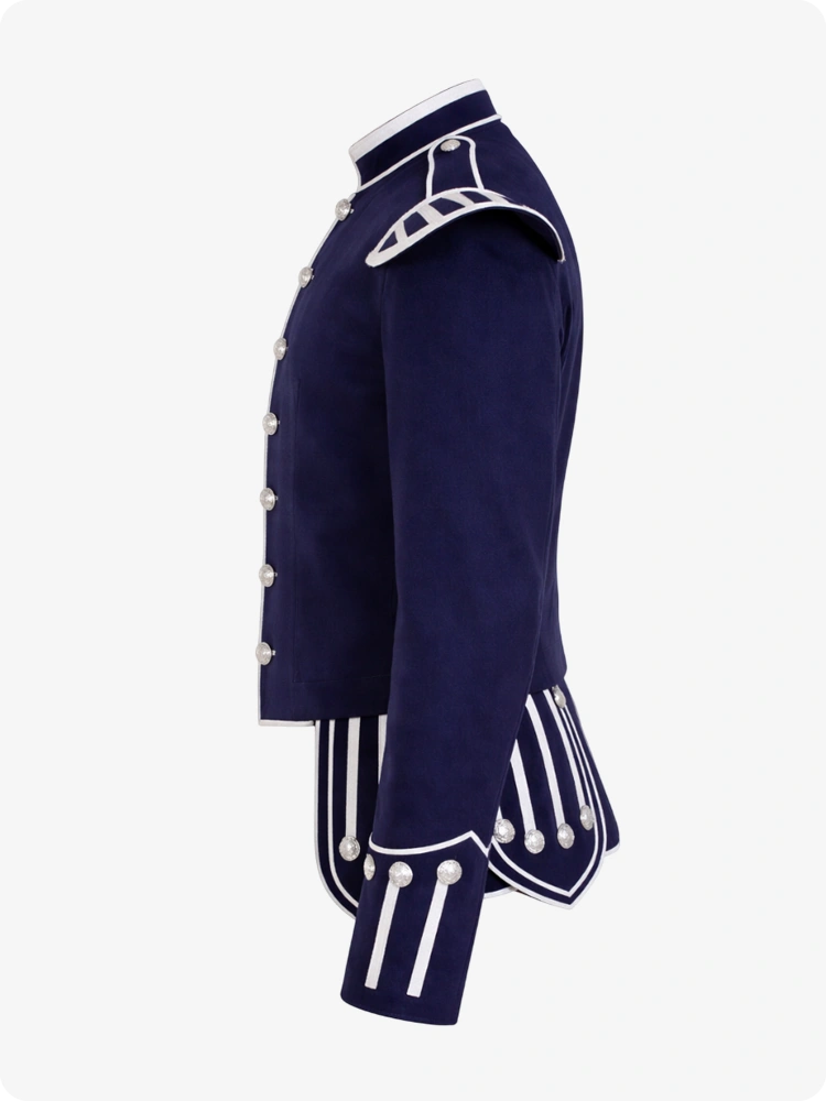 Navy blue military-style jacket with white buttons and trim on a white background