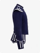 Navy blue military-style jacket with white accents on a white background