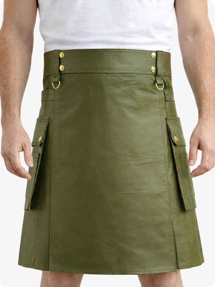 Olive Green Genuine Leather Utility Kilt with Cargo Pockets & D-Rings