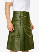 Olive Green Leather Utility Kilt with Chain Detailing & Adjustable Straps