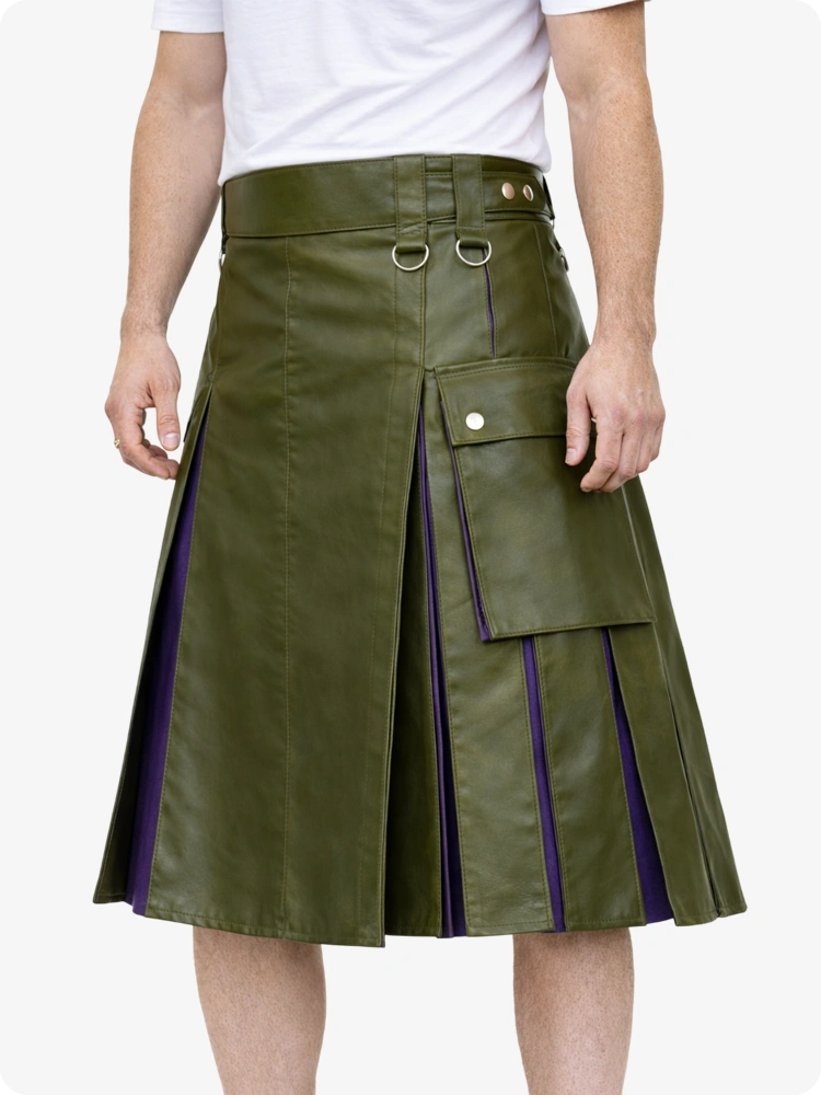 Olive Green leather skirt with purple accents worn by a person on a white background