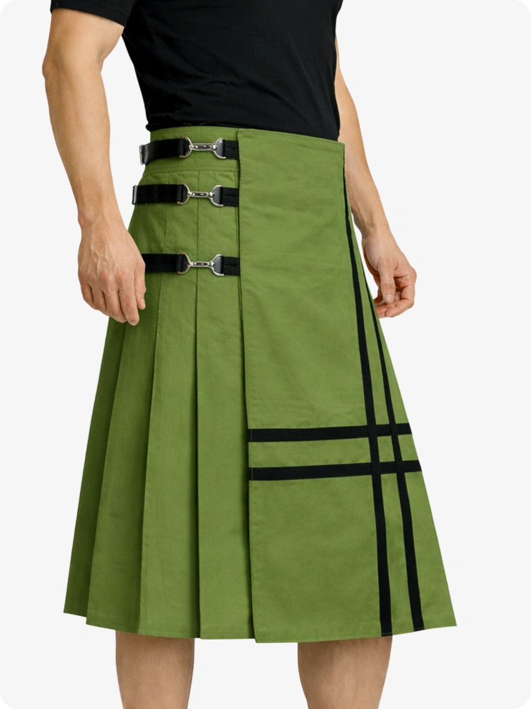 Olive Green skirt with black straps worn by a person on a white background
