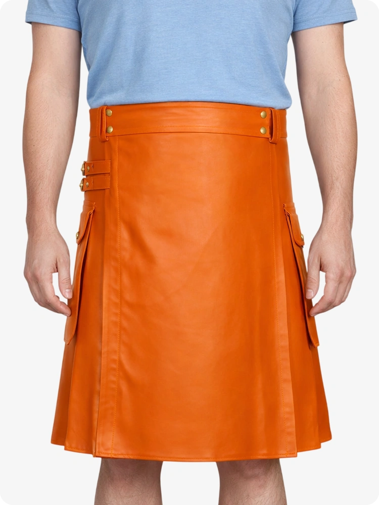 Orange Genuine Leather Utility Kilt with Side Pockets