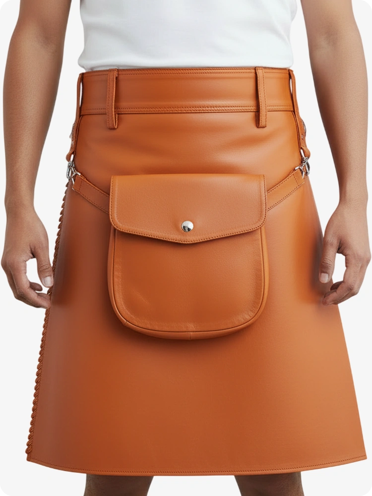 Orange Leather Pleated Kilt with Belt Loops & Side Straps