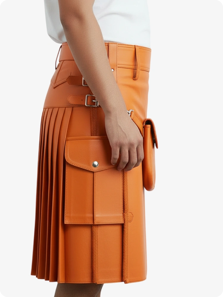 Orange Leather Pleated Kilt with Belt Loops & Side Straps