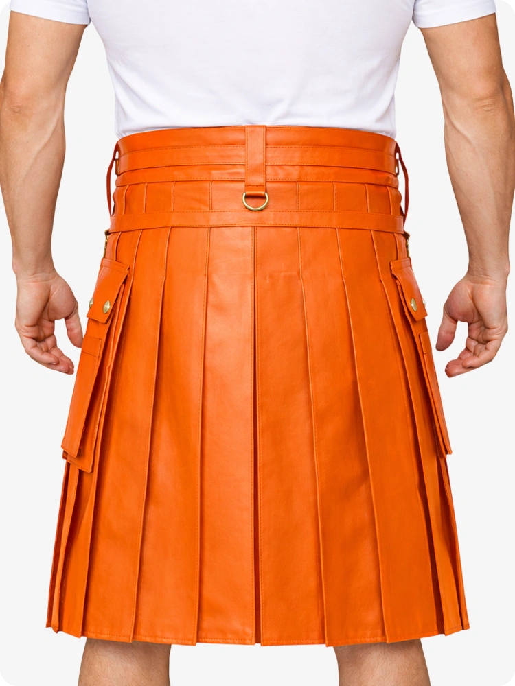 Orange Leather Utility Kilt with Chain Detailing & Adjustable Straps