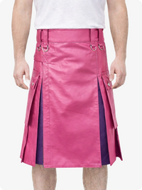 Pink Leather Utility Kilt with Purple Pleats, Side Pockets & D-Ring Hardware