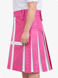 Pink and white pleated skirt with decorative buttons on a white background