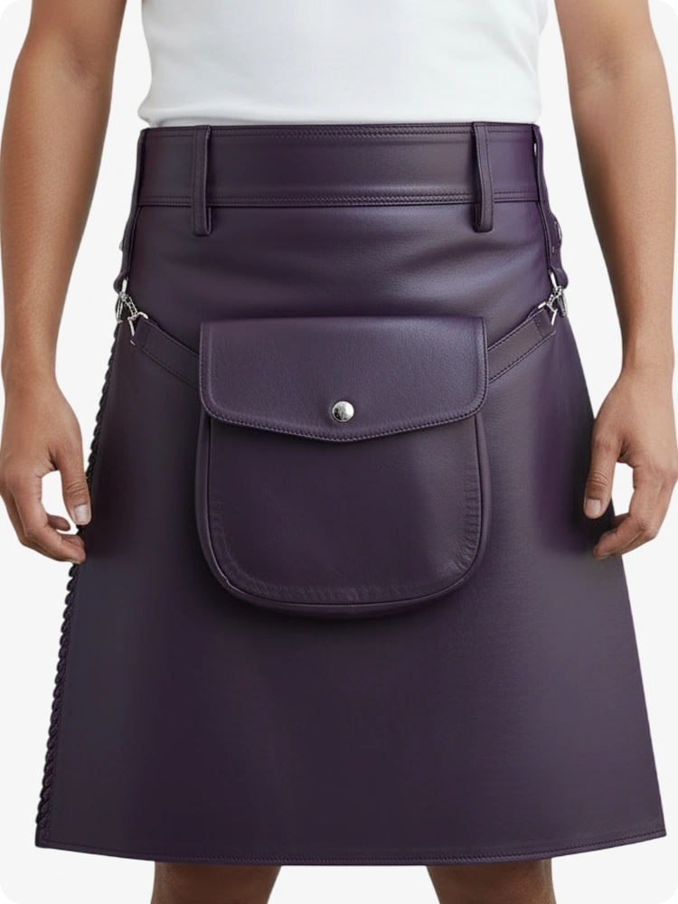 Purple Leather Pleated Kilt with Belt Loops & Side Straps