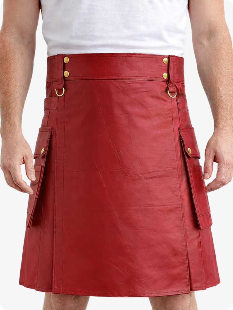 Red Genuine Leather Utility Kilt with Cargo Pockets & D-Rings