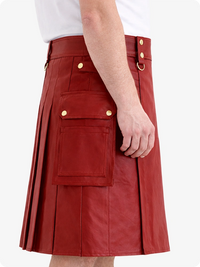 Red Genuine Leather Utility Kilt with Cargo Pockets & D-Rings