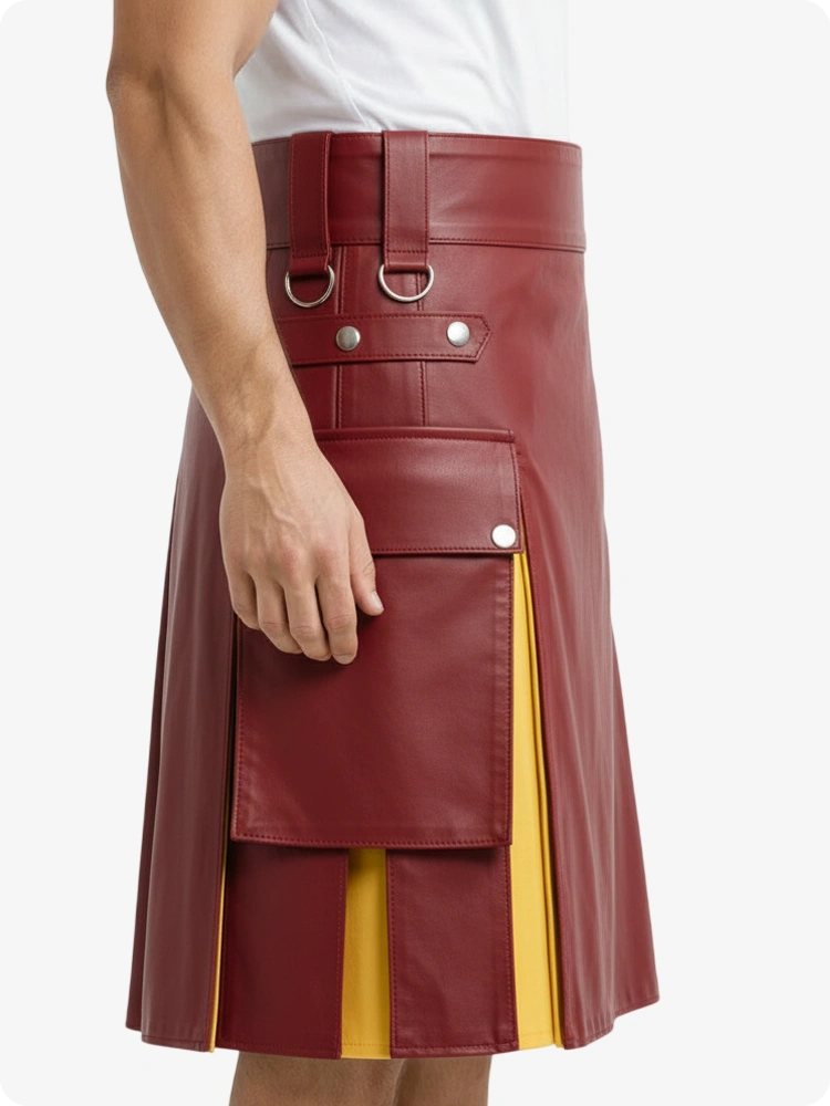 Maroon leather skirt with yellow panel worn by a person on a white background
