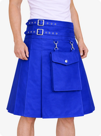 Royal Blue skirt with silver buckles and a pocket on a white background