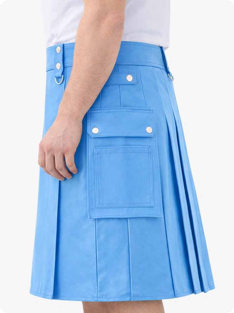 Sky Blue Genuine Leather Utility Kilt with Cargo Pockets & D-Rings