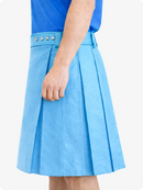 Sky blue skirt with studded details worn by a person on a white background