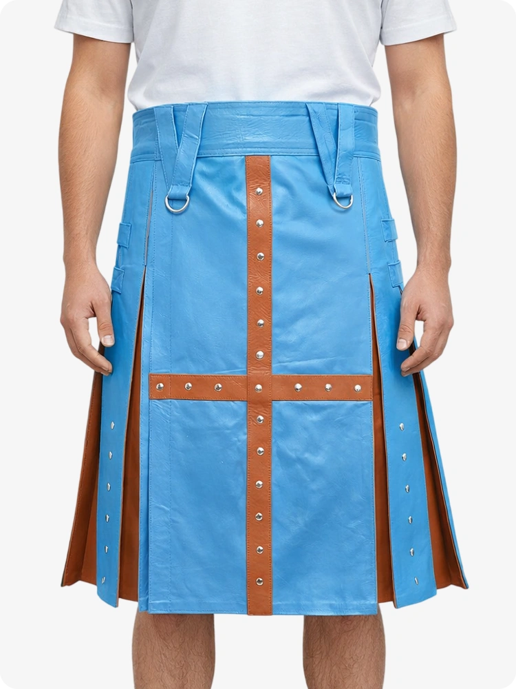 Sky Blue kilt with brown straps and decorative elements on a white background