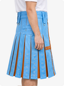 Sky Blue kilt with brown accents worn by a person on a white background