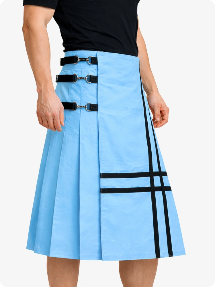 Sky Blue Leather Utility Kilt with Side Buckles & Pleated Back