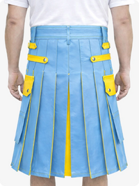 Sky Blue Leather Utility Kilt with Yellow Accents & Detachable Pockets
