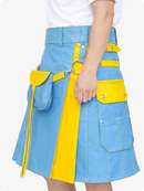 Sky Blue Leather Utility Kilt with Yellow Accents & Detachable Pockets
