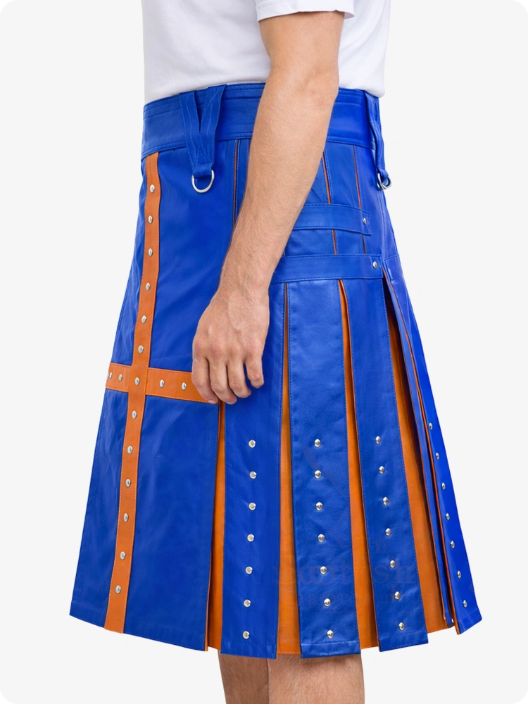 Standard Blue and orange pleated skirt with decorative elements on a white background