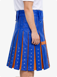 Standard Blue and orange pleated kilt worn by a person on a white background