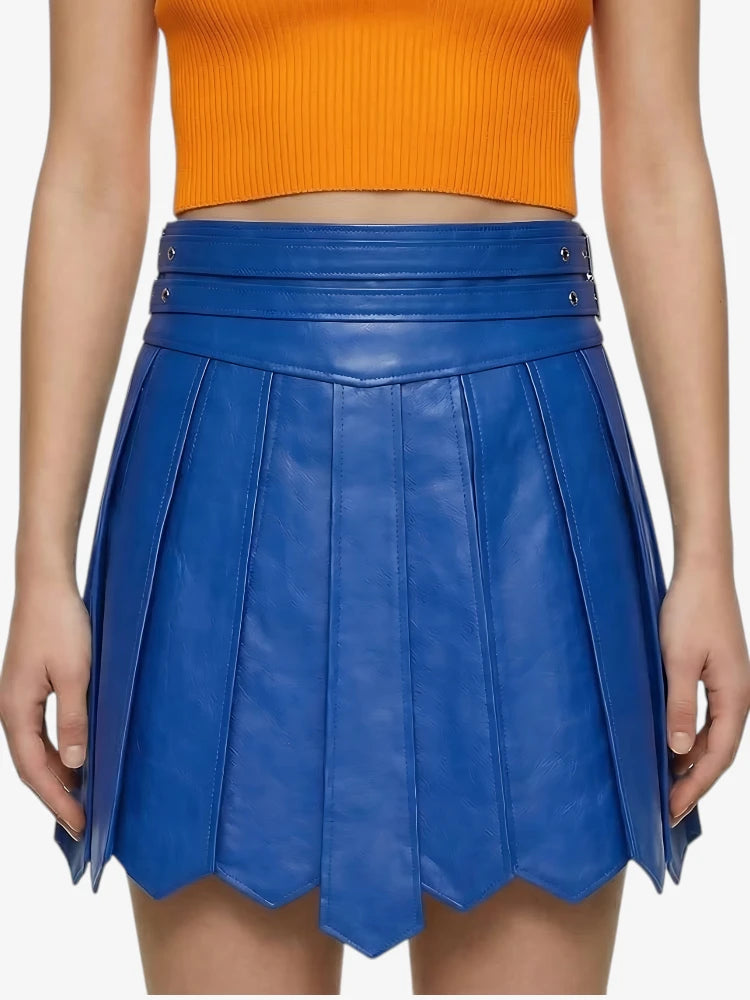 Standard Blue Women Leather Highland Kilt Adjustable Buckle Waist & Classic Pleats