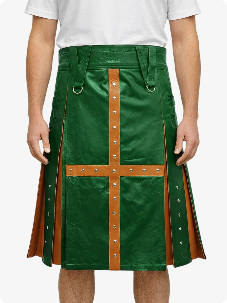 Standard Green Leather Utility Kilt with Brown Cross Panel & Metal Rivet Detailing