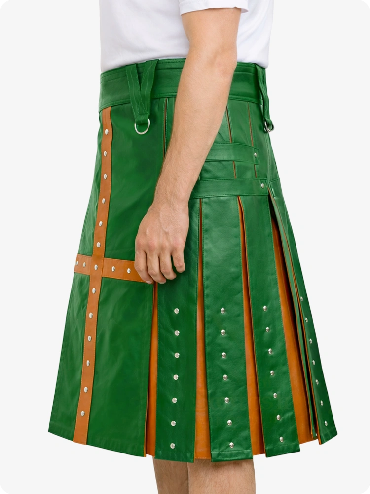 Standard Green leather kilt with brown accents on a white background