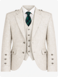 White suit with a green plaid tie on a white background